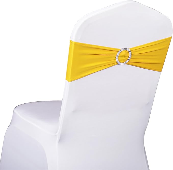 Wedding Yellow Chair Sashes 100 Pack Spandex Chair Bands with Buckles Stretch Chairs Bows for Party Birthday Bridal Shower Engagement Anniversary Christmas Event Decorations