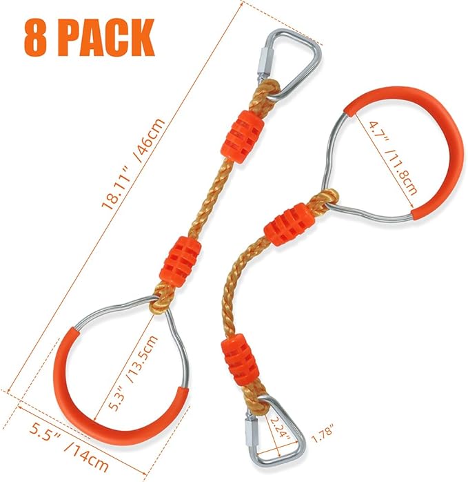 Fitness Gymnastic Ring Swing Monkey Bar Fists Trapeze Obstacle Course For Backyard Outdoor Indoor Jungle Home Gym, 8 Pack Orange Hang Ninja Rope Rings Warrior Accessories Playground Training Equipment
