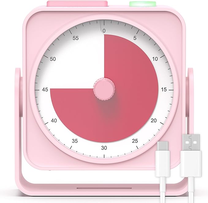 Rechargeable Visual Timer 60-Minute for Classroom Countdown Stopwatch Timer, w/Adjustable Stand for Homeschool Supplies Study Time Management Tool, for Desk Office Work Meetings, Mute Function, Pink