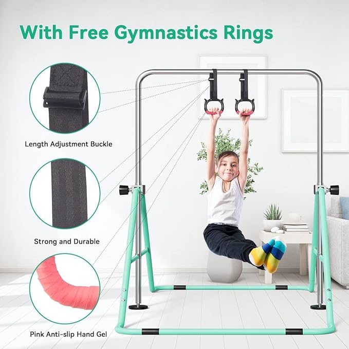 FBSPORT Gymnastics Bar for Kids with Rings,Adjustable Height Gymnastic Horizontal Bars Junior Training Bar Children Folding Training Monkey Bars for Home Using
