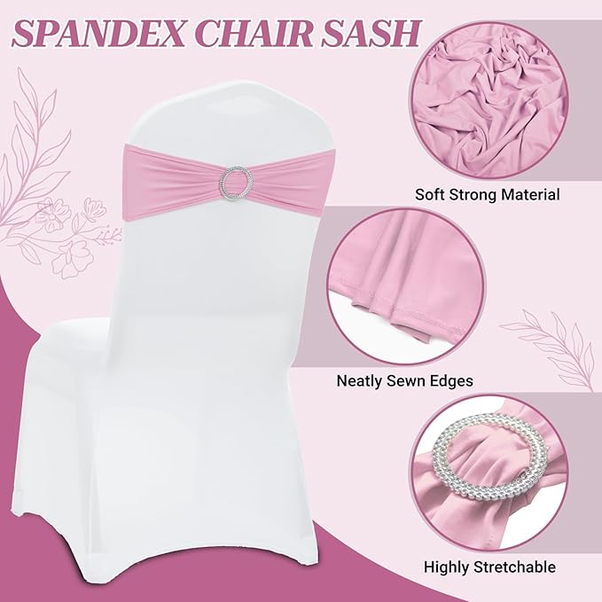 MDS Pack of 200 Spandex Chair Sashes Bows Universal fits Elastic Stretch Chair Bands Ties with Buckle Slider Bow for Wedding Decoration Spandex Slider Sashes Bow - Blush Pink
