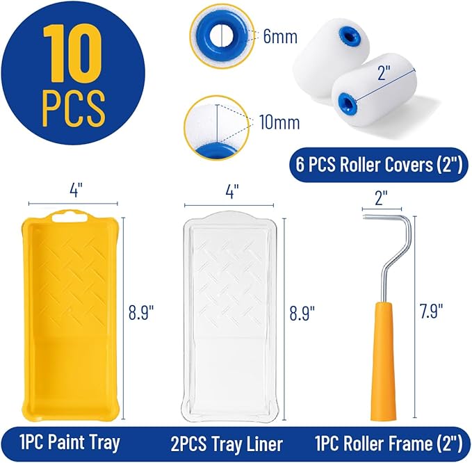 Bates- 2 Inch Foam Paint Roller Kit, 10 pcs, Small Paint Roller Kit, 1x Plastic Paint Tray, 2X Clear Disposable Tray Liners, 1x Roller Frame & 6X Mini Foam Covers