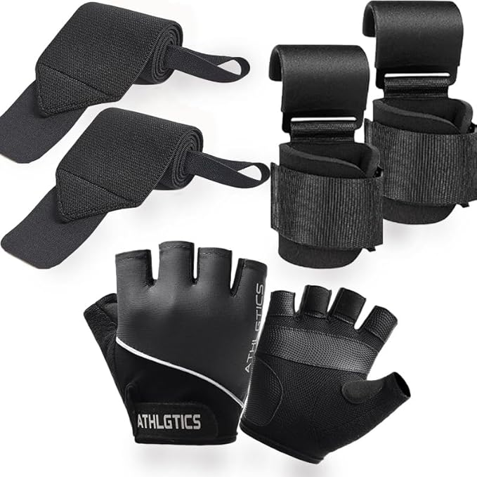 3 in 1 Weight Lifting Gloves with Deadlift Hooks & Wrist Wraps, Available M/L Sizes, Breathable Non Slip Gym Gloves for Men Women, Adjustable Wrist Support for Powerlifting Deadlifts