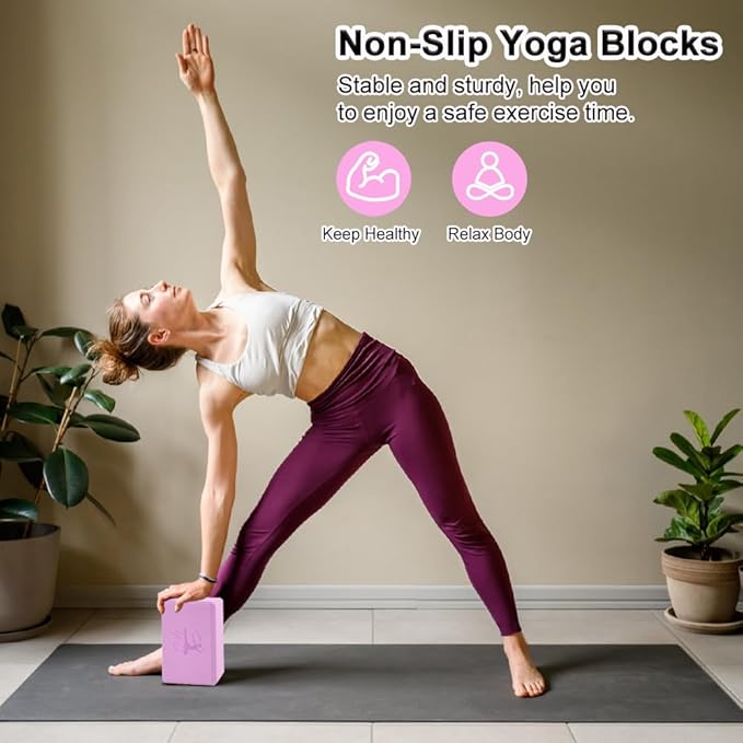 RETON Yoga Blocks Set, High - Density Yoga Block with 2 Strap, Lightweight Foam Brick Yoga Pilates Blocks, Anti-Slip Yoga Brick with Embossed Design for Posture Adjustment and Movement Assistance