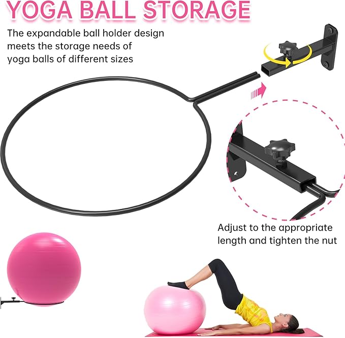 26" Exercise Ball Holder Wall Mount - Adjustable Yoga Ball Storage Rack for 14 to 30 Inch Stability Balls, Heavy-Duty Metal Balance Ball Wall Mount with 12-Inch Diameter Ring
