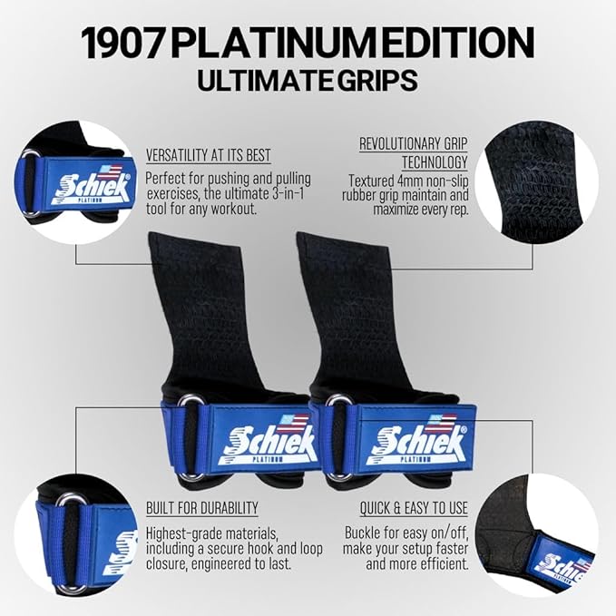 Schiek Sports Model 1907 Platinum Edition Ultimate Grips - 3 in 1 Weight Lifting Straps Wrist Wraps and Grip Pads - Secure Non Slip Control and Comfort for Strength Training