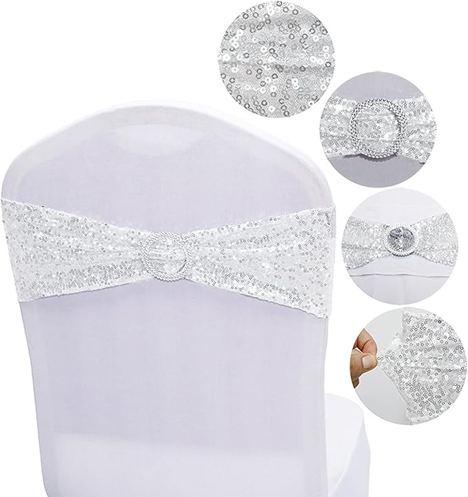 Dimatic 50 PCS Stretch Sequin Chair Sashes Chair Stretchy Spandex Bands for Wedding Reception Events Banquets Chairs Decoration (White)