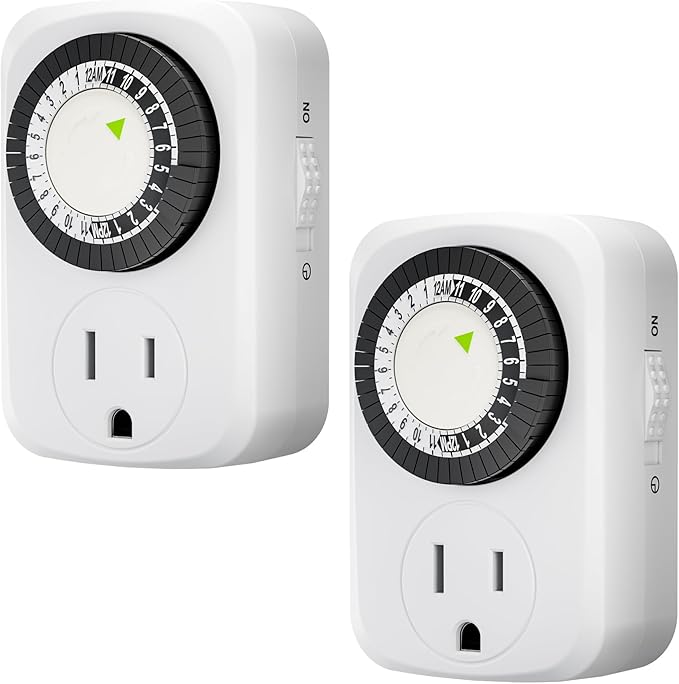 HBN Indoor Mini 24-Hour Mechanical Outlet Timer, for Electrical Outlets, 30 Minute Intervals, 3-Prong, 2-Pack, Light Timer for Indoor Lighting, ETL Listed