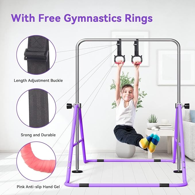 FBSPORT Gymnastics Bar for Kids with Rings,Adjustable Height Gymnastic Horizontal Bars Junior Training Bar Children Folding Training Monkey Bars for Home Using