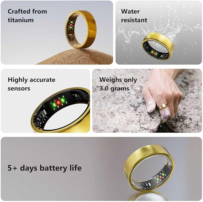 Titanium Smart Ring, Sleep & Activity Tracking Ring with Heart Rate, HRV, Stress Insights, 7-Day Battery Life, No Subscription, IP68 Waterproof, iOS & Android Compatible (Gold, 12)