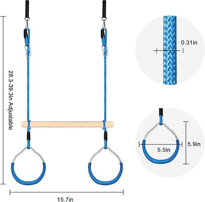Trapeze Swing Bar with Gymnastic Rings Warrior Accessories for Obstacle Course Monkey Bars for Indoor Outdoor Garden，Backyard, Playground, Playroom（Blue）