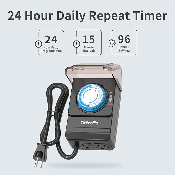 TiFFCOFiO Outdoor Heavy Duty Mechanical Timer Outlet Waterproof, 15 Minutes Intervals, 24 Hour Outdoor Pool Pump Timer with 2FT Cord, 2 Grounded Outlets for Outdoor Lights, 15A/1875W