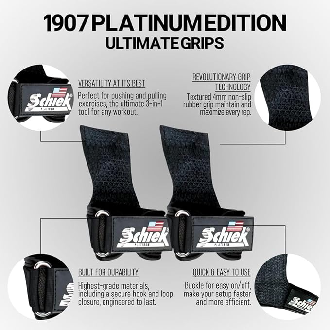 Schiek Sports Model 1907 Platinum Edition Ultimate Grips - 3 in 1 Weight Lifting Straps Wrist Wraps and Grip Pads - Secure Non Slip Control and Comfort for Strength Training