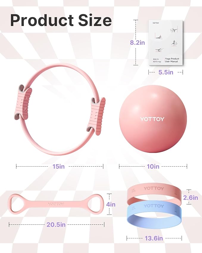 YOTTOY Pilates Ring and Ball Set, Figure 8 Resistance Bands, Stretch Bands&Guide,Pilates Equipment Set for Beginners for Home Workouts Core Strength, Yoga, Physical Therapy & Rehab