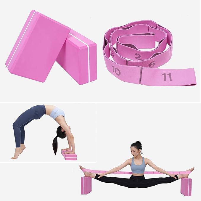 2 Pack Yoga Blocks 350g High Density, Non-Slip EVA Foam Brick with Bonus 11 loops Yoga Strap & Carry Bag, Pilates Block Set for Balance, Flexibility, Meditation, Home Gym & Studio