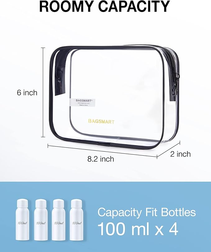 BAGSMART Clear Toiletry Bag, 2 Pack TSA Approved Travel Toiletry Bag Carry on Travel Accessories Bag Airport Airline Quart Size Bags Water Repellent Makeup Cosmetic Bag for Women (Nude Pink-2pcs)