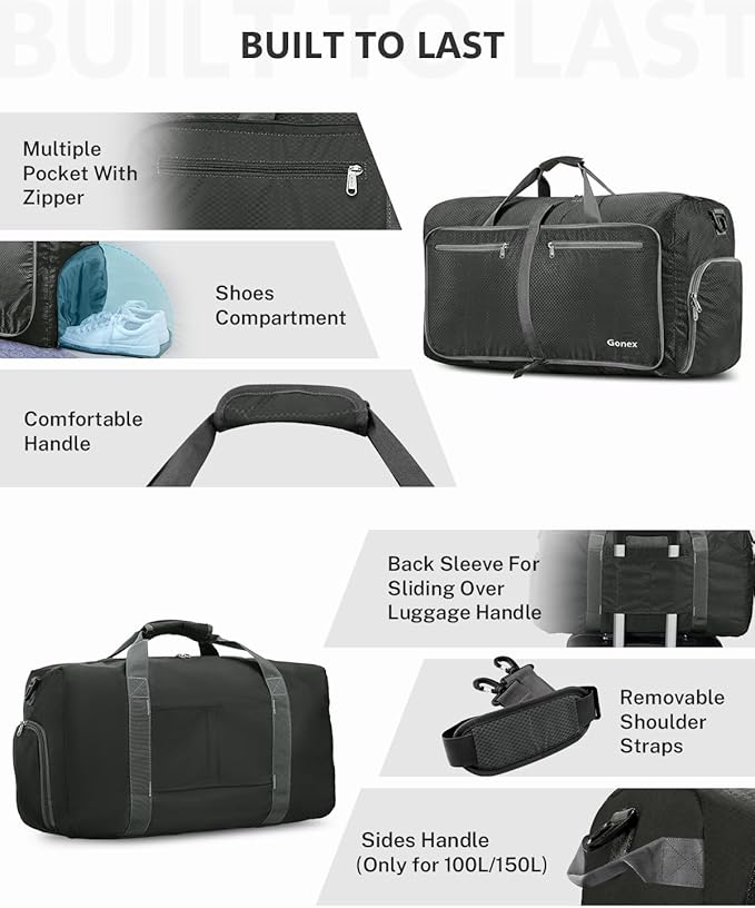 Gonex Large Foldable Travel Duffle Bag with Shoes Compartment, Packable Lightweight Water Repellent Duffel Bag for Camping Gym Weekender Bag