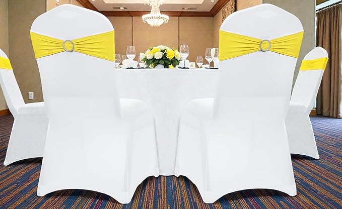 MDS Pack of 150 Spandex Chair Sashes Bows Universal fits Elastic Stretch Chair Bands Ties with Buckle Slider Bow for Wedding Decoration Spandex Slider Sashes Bow - Yellow