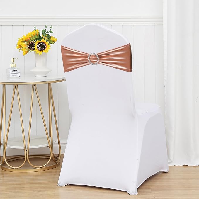 50 PCS Spandex Rose Gold Chair Sashes for Wedding Stretch Chair Bands with Buckles Universal Elastic Chairs Ties Bows for Party Folding Chairs Celebration Ceremony Christmas Events Decorations