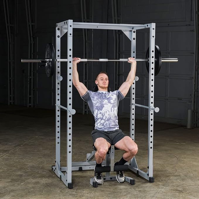 Body-Solid Powerline Adjustable Power Rack - 18-Level Strength Training Heavy-Duty Steel Frame with Safety Rods and Chin-Up Bar for Home Gym, Silver