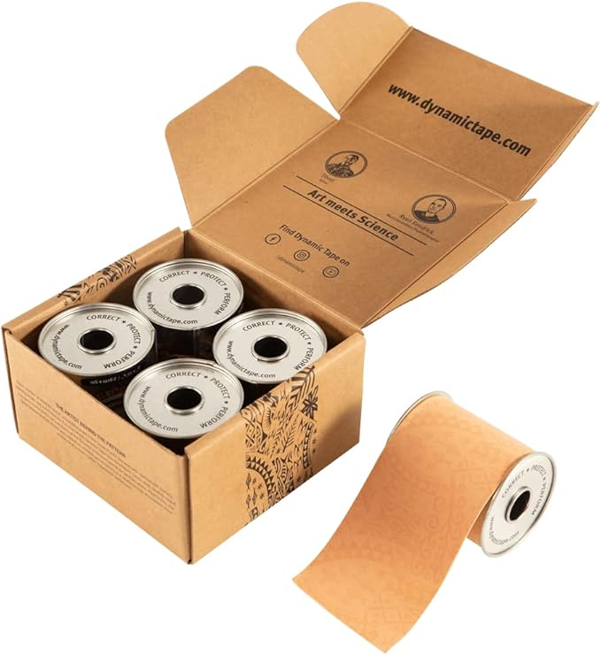 Dynamic Tape Original - Biomechanical Athletic Tape | 4 Way Stretch & Stronger Recoil Than Kinesiology Tape | Designed for Muscle & Joint Load Management | High-Load Sports (4pack - 3" Beige Roll)
