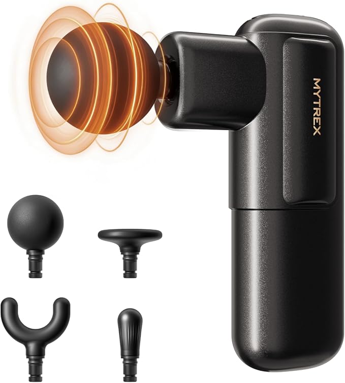 MYTREX Mini Massage Gun, Portable Deep Tissue Percussion Massager with 4 Heads, Ultra-Quiet Lightweight 205g for Neck & Back, Home, Office & Travel (Black)