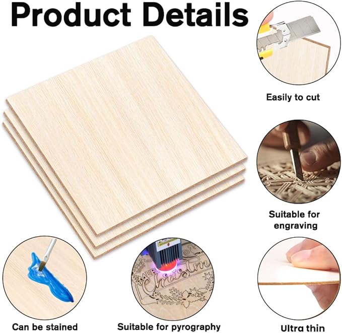 DIYDEC 12 Pack Basswood Sheets 12 x 12 x 1/16 Inch Thin Wooden Sheet Unfinished Wooden Squares Boards Balsa Plywood Wood Sheets for Crafts Architectural Models Laser Cutting Wood Burning and Drawing