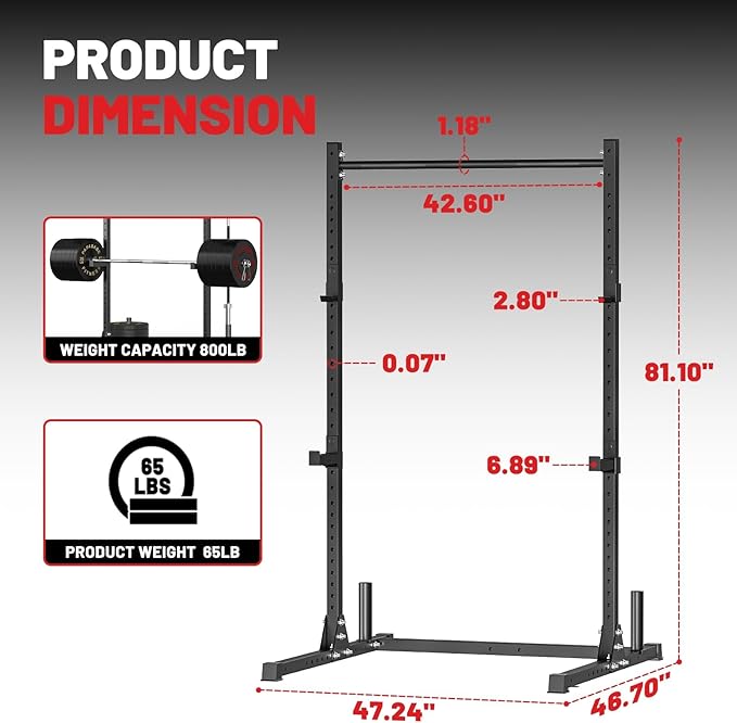 papababe Squat Rack with Pull Up Bar for Home Gym, Adjustable Power Cage with J-Hooks, 800LB Capacity Multi-Functional Bench Press Power Rack for 6FT, 7FT Barbell, Weight Lifting Rack