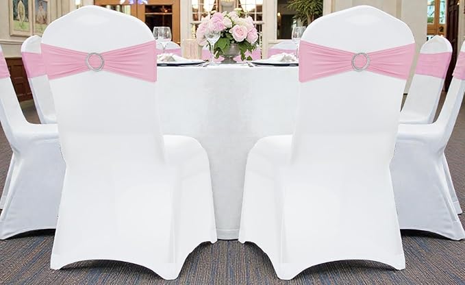 VDS - Pink | Spandex Chair Sashes Bows | 75 PCS | Stretch Elastic Banquet Universal Folding Chair Band Tie with Silver Buckle Slider for Wedding Party Conference Celebration Event Decoration