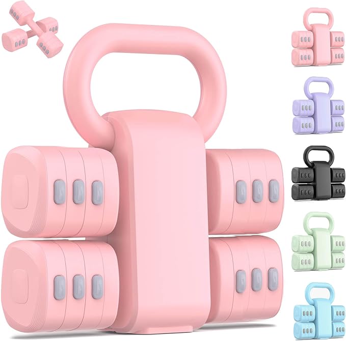 2-in-1 Adjustable Dumbbell Set, Upgraded 4 Levels Hand Weights for Women Men, Each 2.2/3.3/4.4/5.5lb, Convertible Weights Dumbbells and Kettlebell Set for Home Gym Exercise & Fitness