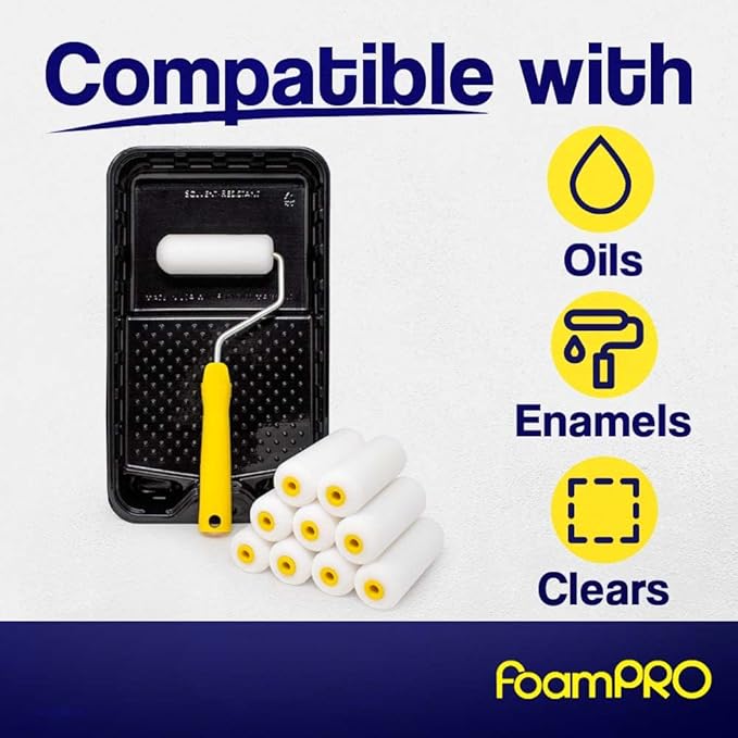FoamPRO 4” Fine Finish Paint Roller Kit | 1 Plastic Paint Tray, 1 Roller Handle, 10 Foam Rollers | Mini Foam Roller Kit w/Roller Pan | Home Painting Supplies & Paint Tools, Multicolor, 164 (164KIT)