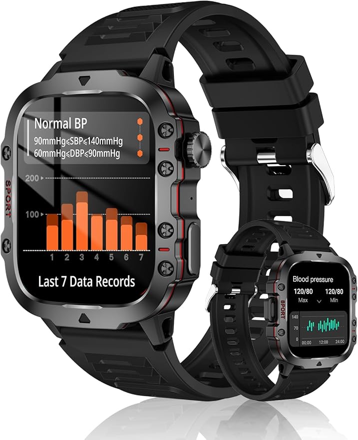 Blood Pressure Watch Men, IP68 Waterproof Blood Pressure Watch, 1.96" High-Resolution Touch Screen Smart Fitness Tracker with 100+ Sport Modes Compatible with Android iOS