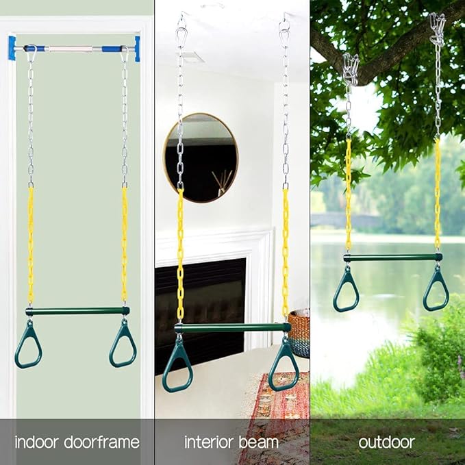 LadyRosian Gym Rings Trapeze Swing Bar 17", Heavy Duty 47" Chain Swing Set Accessories with Locking Carabiners, Monkey Bars for Backyard, Playground, Playroom