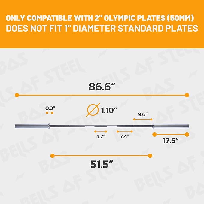 Powerlifting Bar 2.0 [Bells of Steel] Heavy-Duty Power Barbell, Olympic Bar for Powerlifting Barbell, Aggressive Knurling, 29mm Diameter, 44 lb, 1500lb Capacity, Barenaked