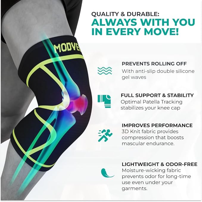 Modvel Knee Braces for Knee Pain Women & Men - 2 Pack Knee Brace for Knee Pain Set, Knee Brace Compression Sleeve, Knee Support for Knee Pain Meniscus Tear, ACL & Arthritis Pain Relief,Green M