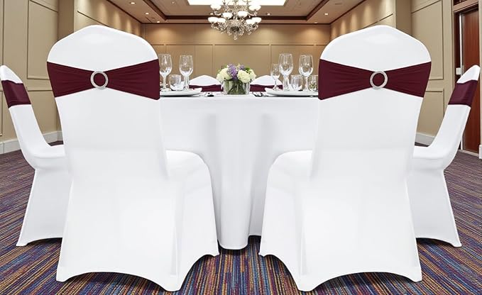VDS - Burgundy | Spandex Chair Sashes Bows | 250 PCS | Stretch Elastic Banquet Universal Folding Chair Band Tie with Silver Buckle Slider for Wedding Party Conference Celebration Event Decoration