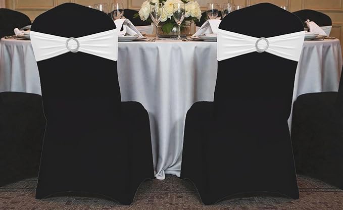 MDS Pack of 150 Spandex Chair Sashes Bows Universal fits Elastic Stretch Chair Bands Ties with Buckle Slider Bow for Wedding Decoration Spandex Slider Sashes Bow - White