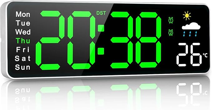 Digital Wall Clock, 12" Digital Clock with Temperature, Humidity, Weatherforecast, Day of the Week, Timer, Auto-dimming, for Living Room/Classroom/Gym/Church/Shop/Garage,Green