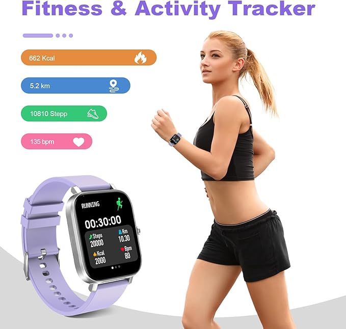 Smart Watch for Men Women Compatible with iPhone Samsung Android Phone 1.69 inch Full Touch Screen IP68 Waterproof Bluetooh Fitness Tracker Heart Rate/Sleep Monitor (Purple)