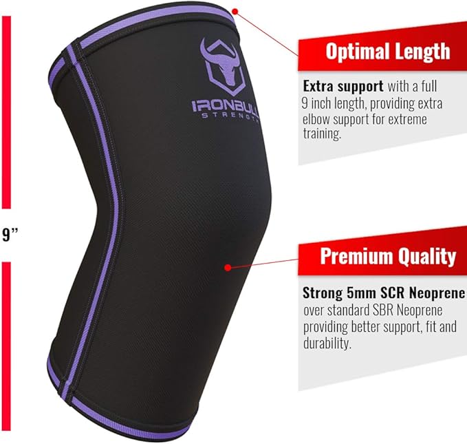 Elbow Sleeves 5mm (1 Pair) - High Performance Elbow Sleeve Support for Weightlifting, Weight Training & Powerlifting - Best Compression Straps - for Men and Women (Large, Black/Purple)