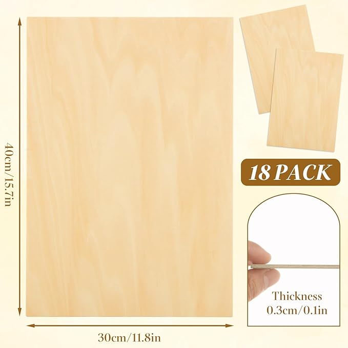 MIVIDE 18 Pack 15.7 x 11.8 Inch Basswood Sheets, 1/8 Thin Craft Plywood Sheets, Thin and Unfinished Wood Boards for Crafts, Hobby, Model Making, Wood Burning (400x300x3MM)