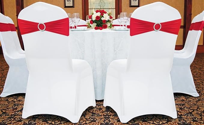 VDS - Red | Spandex Chair Sashes Bows | 250 PCS | Stretch Elastic Banquet Universal Folding Chair Band Tie with Silver Buckle Slider for Wedding Party Conference Celebration Event Decoration