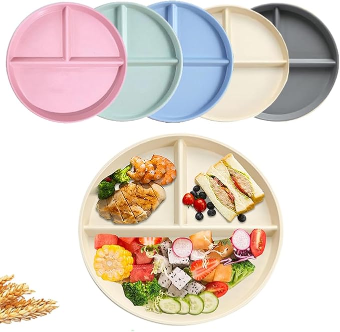RUIBOLU Unbreakable Divided Plates 5PCS for Kids Adults, Compartment Plates, Lightweight Reusable Dinnerware Portion Control Plastic (5Pack- 9IN)