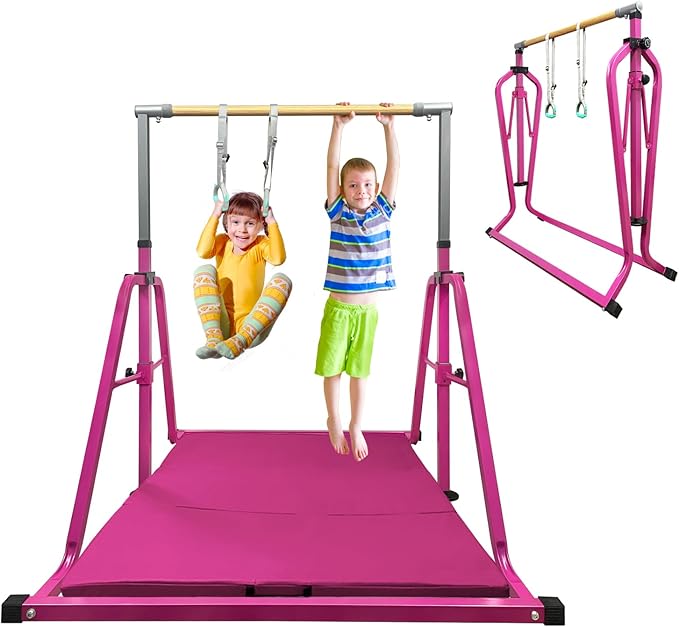 GLANT Gymnastics Bar for Kids with Rings Set, 7 Heights Adjustable Easy Folding Gymnastic Training Bar Kids Monkey Horizontal Bars - Max Load 300LBS