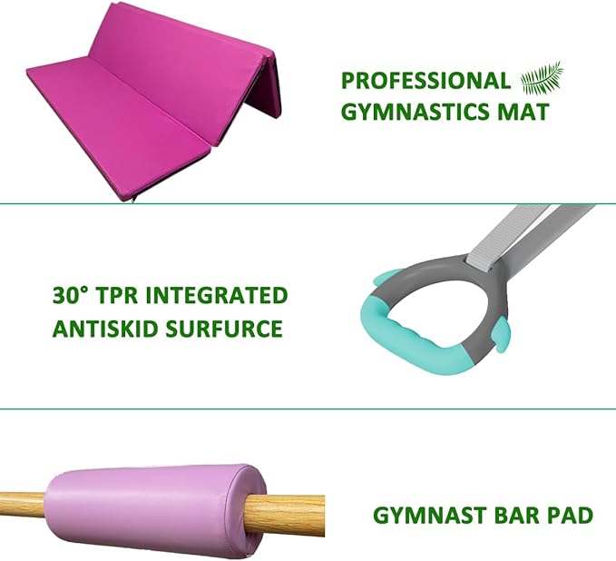 Foldable & Moveable Gymnastics Horizontal Bar with Rings,3’to 5’Adjustable Height Expandable Junior Kip Bar for Home,Indoor Gym Equipment for Kids