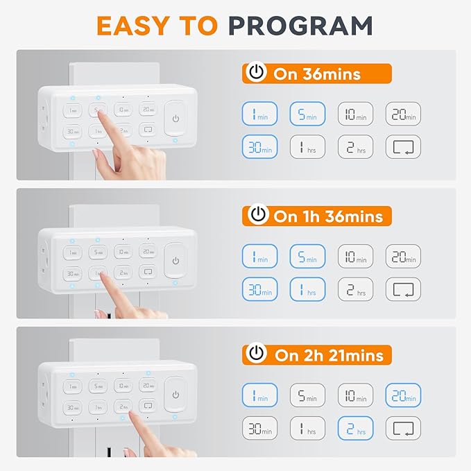 TOPELER Countdown Digital Timer Outlet, Plug-in Timer for Electrical Outlets with Repeat Function, Manual Override, Up to 4H Auto Shut Off Switch for Indoor Lamp, Fan, Aquarium, 1875W, ½ HP, 4 Pack
