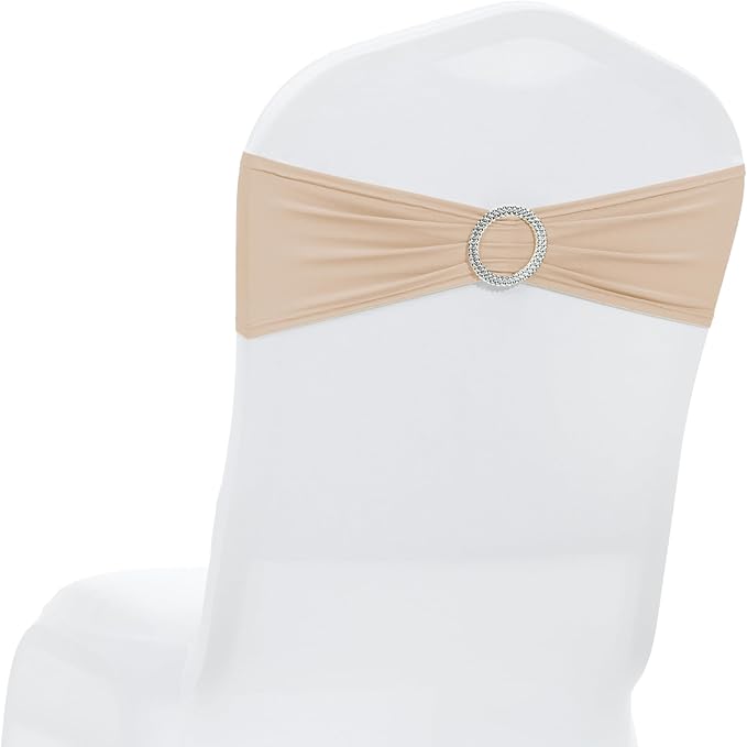 MDS Pack of 50 Spandex Chair Sashes Bow Premium Stretch Chair Cover Band with Buckle Slider Universal fits Elastic Dining Chair Ties for Wedding Party Banquet Events Decoration - Champagne Gold