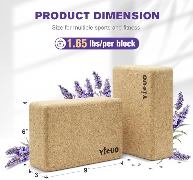 YIGUO 2 Pack Cork Yoga Blocks | Natural Eco-Friendly High Density Non-Slip Yoga Blocks for Women & Men | 9x6x3 Inches for Yoga, Pilates, Stretching