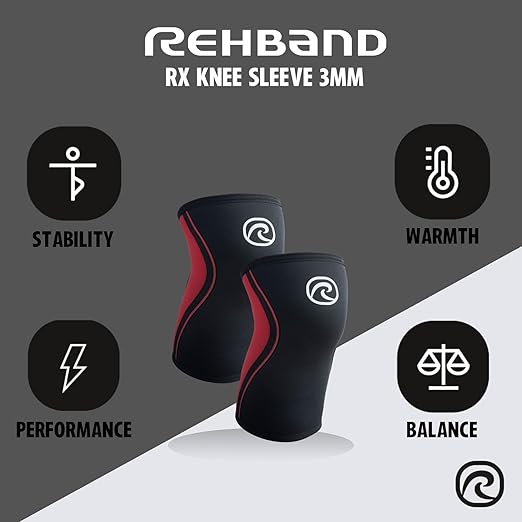 Rehband Knee Sleeve 3mm Neoprene, Lightweight Knee Brace for Endurance and Ball Sports, Unisex Compression Starter Knee-Sleeves, Breathable Running Knee Support, Colour:Black/Red - 1 Pair, Size:Small
