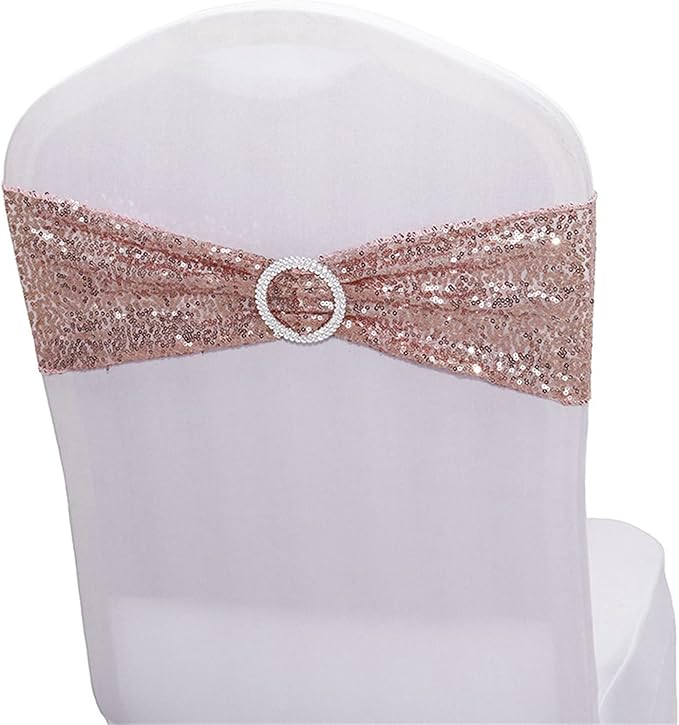 Dimatic 50 PCS Stretch Sequin Chair Sashes Chair Stretchy Spandex Bands for Wedding Reception Events Banquets Chairs Decoration (Rose Gold)